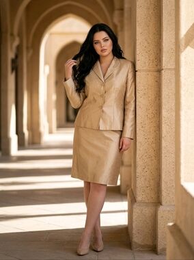 NWT Le Suit Champagne Tafetta Skirt Blazer Suit with Embellishments ~sz 12